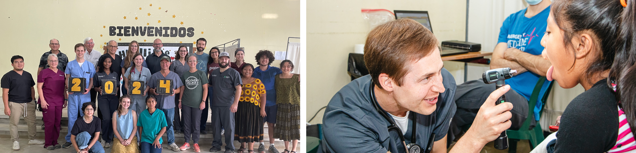 Collage of two photos from a Guatemala mission trip led by Dr. Switzer for Internal Medicine/Pediatrics residents. Left: A group of people pose on steps in front of a wall with 'BIENVENIDOS' and '2024' signs, marking their arrival. Right: A medical professional examines a young girl's ear with an otoscope, while another person observes.