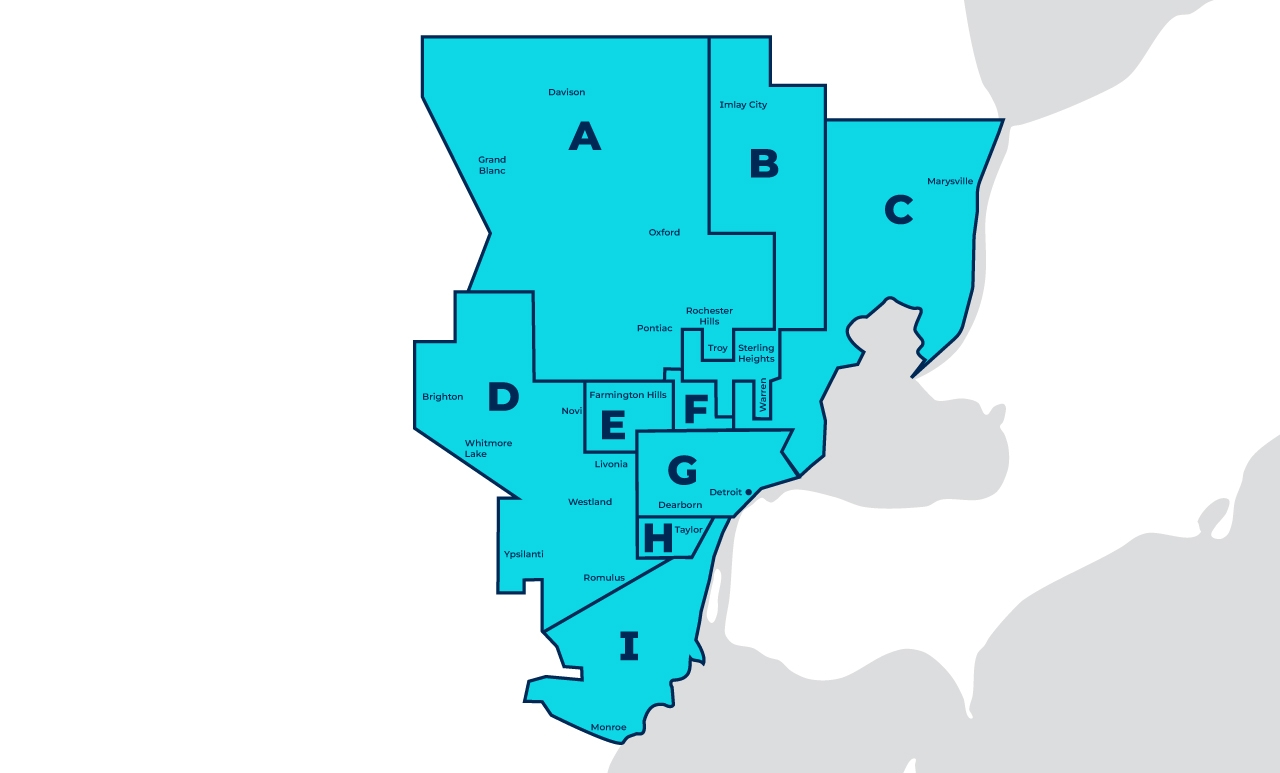 Physician liaison map for Corewell Health in Southeast Michigan.