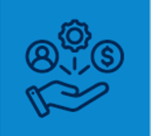 Hand holding icons of a person, gear, and dollar sign representing resource development.