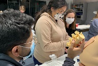 Students in a lab collaboratively constructing a model of the human body under resident teaching guidance.