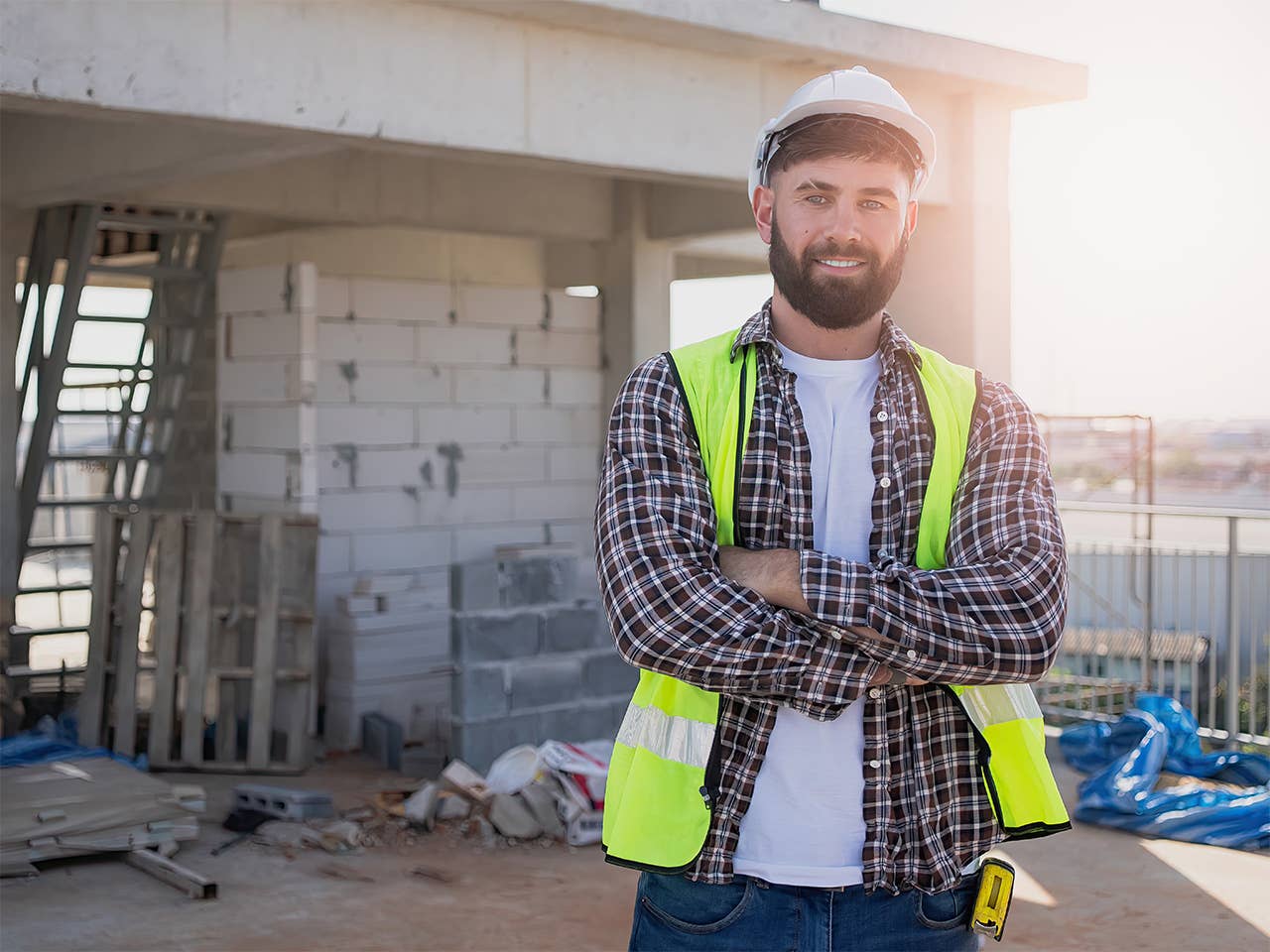 Smiling white man wearing a neon yellow safety vest and construction helmet stands on a work site in the morning sun