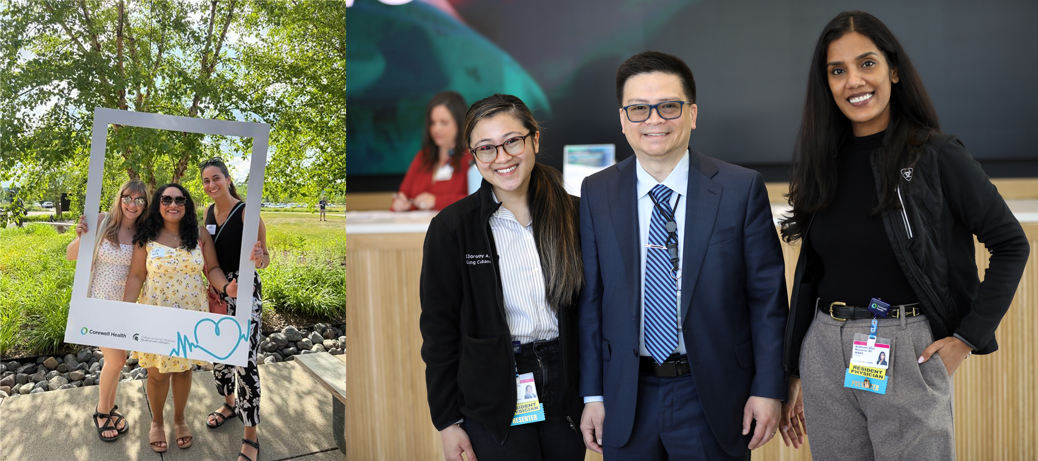 Three women pose outdoors with a large photo frame, while a second image shows three people standing indoors, smiling at the camera, wearing name badges.