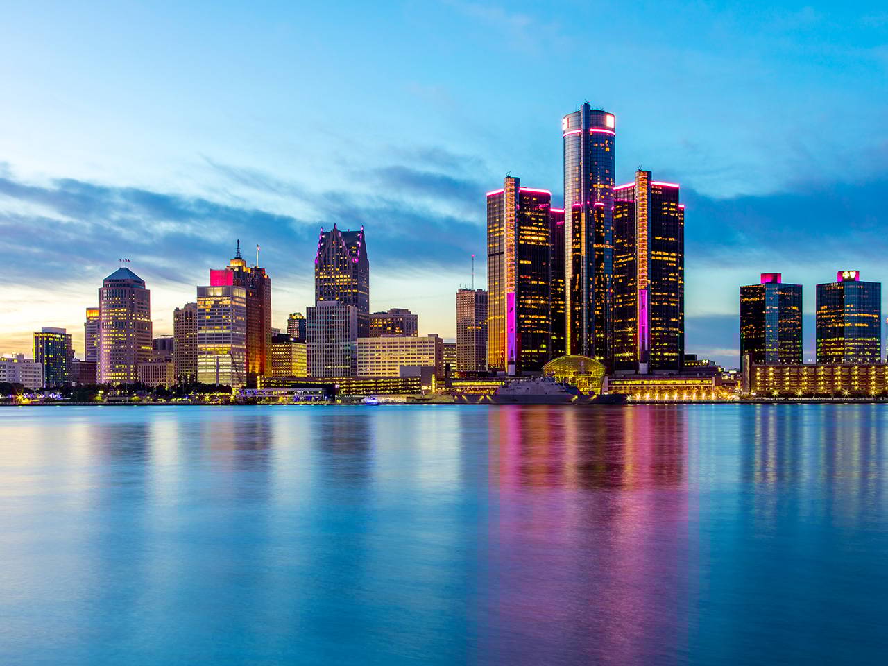 Skyline photo of the Detroit area over water