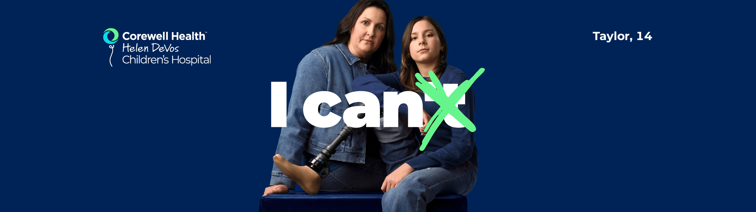 Taylor, a 14 year old patient, sits on a blue box with her prosthetic leg propped up, with her mom standing beside her