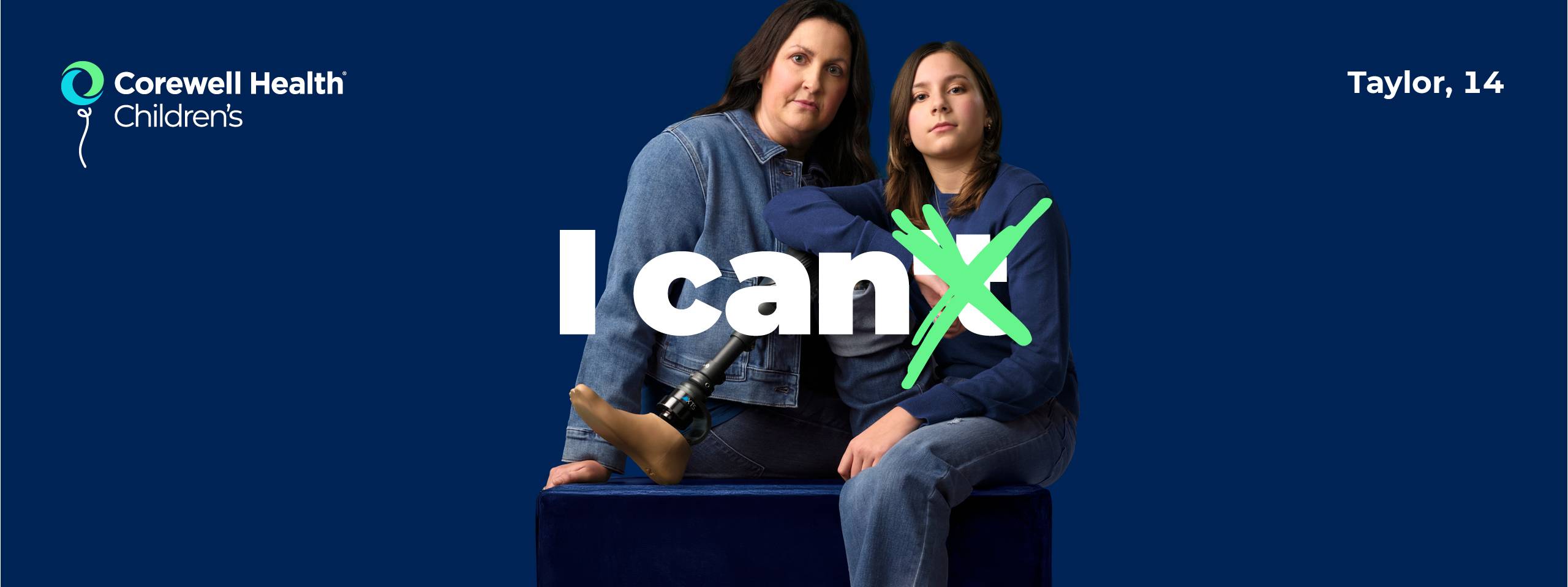 Taylor, a 14 year old patient, sits on a blue box with her prosthetic leg propped up, with her mom standing beside her