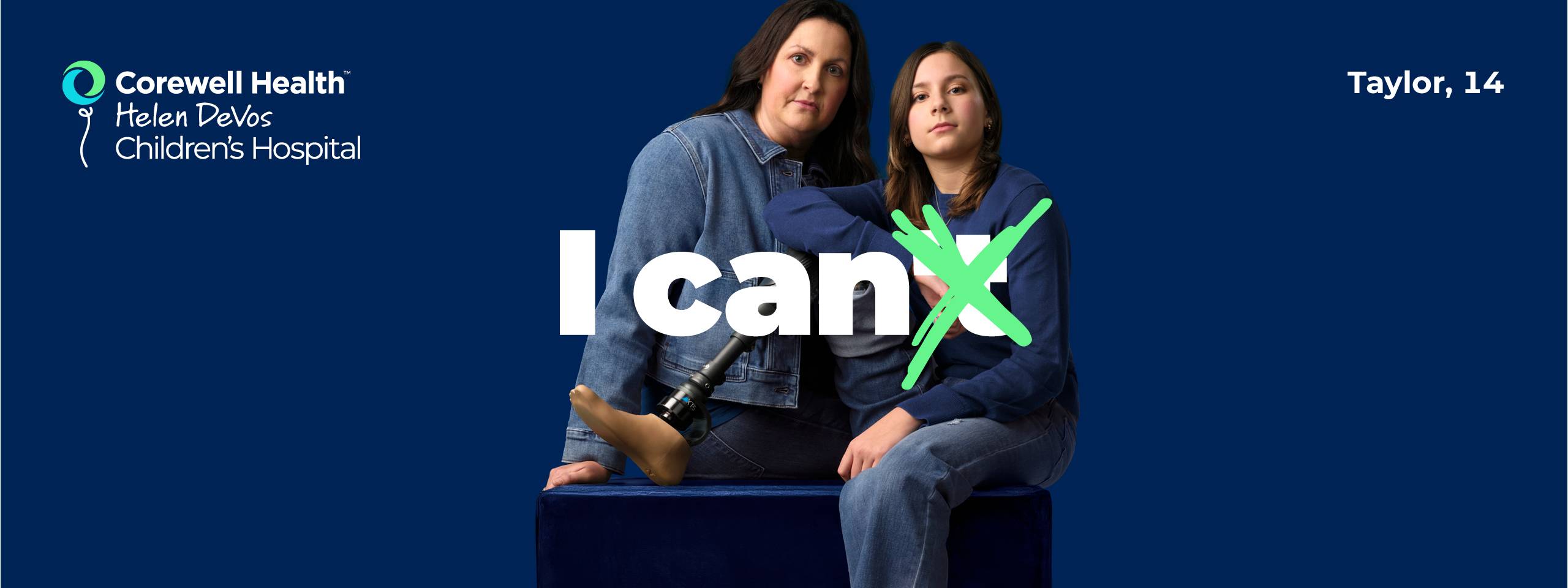 Taylor, a 14 year old patient, sits on a blue box with her prosthetic leg propped up, with her mom standing beside her