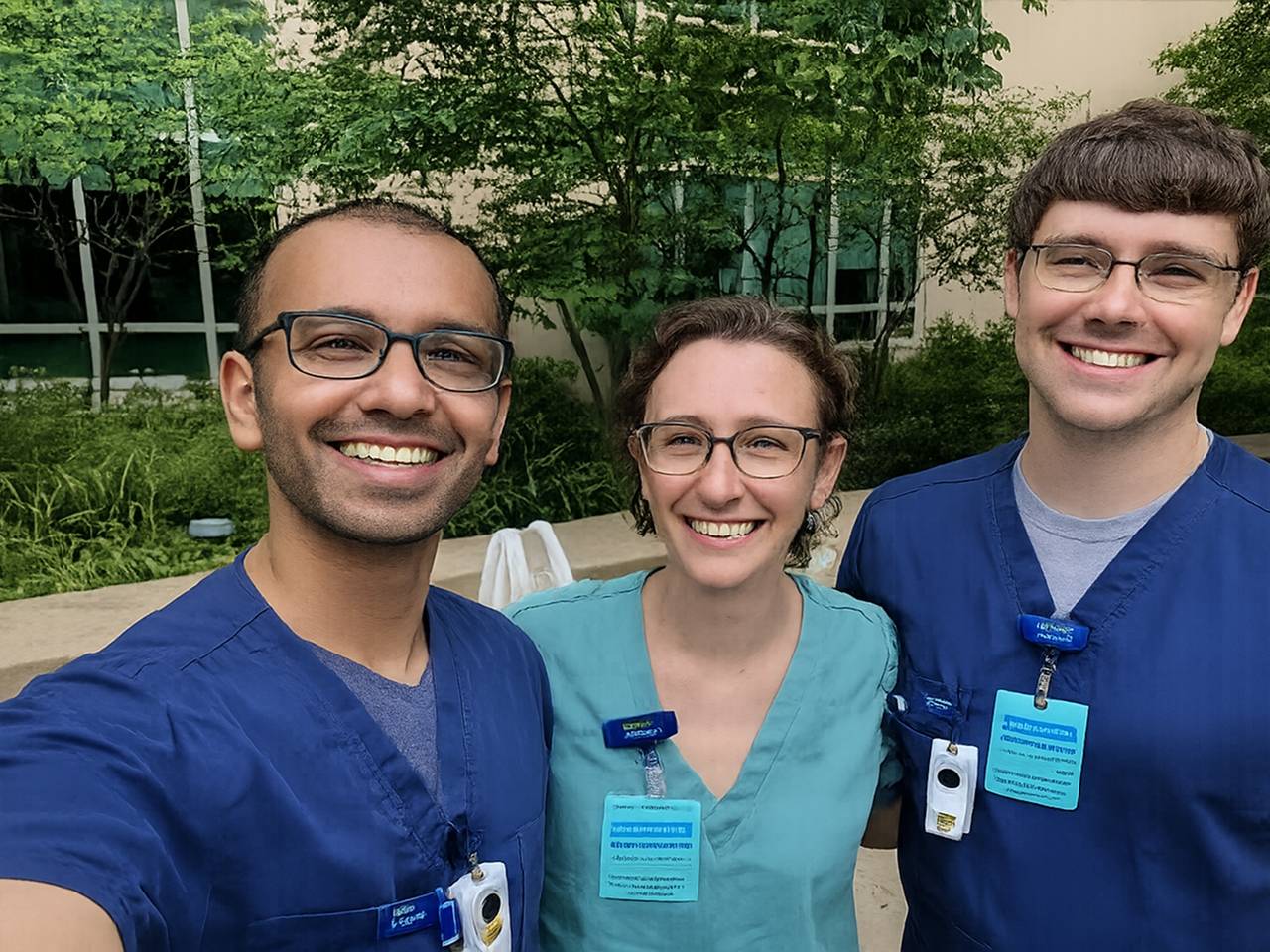 Visiting medical students in scrubs posing together outdoors at a Corewell Health campus