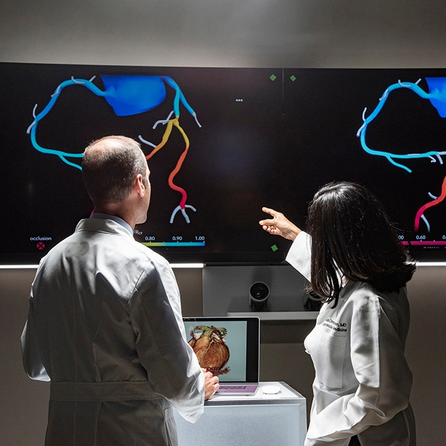Two doctors examining a computer screen displaying a heart graphic, engaged in a discussion about patient care.