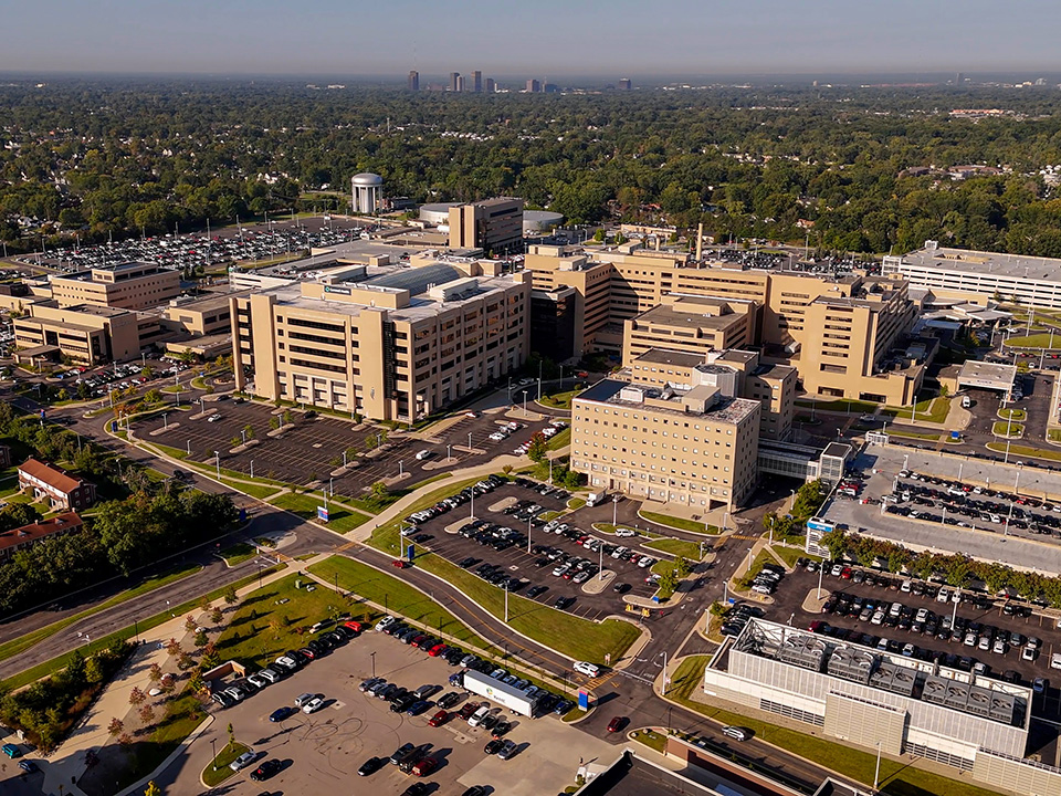 Aerial footage of the hospital campus of Corewell Health William Beaumont University Hospital