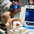 A person uses an electronic device to examine a dummy, highlighting the intersection of technology and daily life for residents.