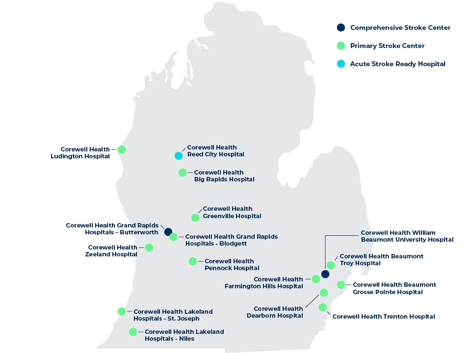Map of Michigan highlighting locations of Comprehensive, Primary, and Acute Stroke Centers.