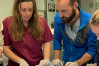 A group of medical residents in a hospital room observing a newborn baby with expressions of curiosity and joy.