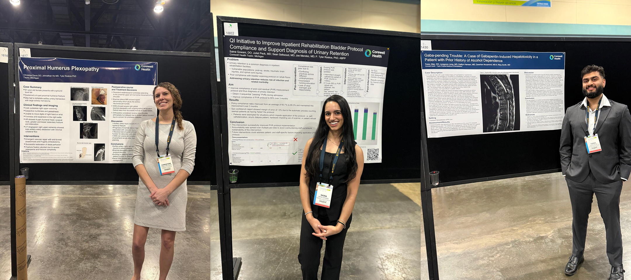 Three medical conference presenters standing beside research posters on plexopathy, urinary retention protocols, and gabapentin-induced hepatotoxicity.