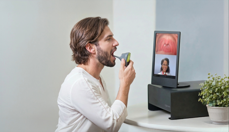 Photo of a White man at a computer holding a Tytocare device in front of his mouth while on a virtual appointment with a Corewell Health team member