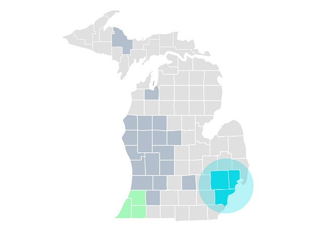 Map of Michigan highlighting Southeast portion of the state