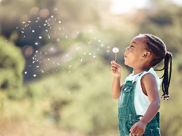 Young Black girl wearing denim overalls blows dandelion seeds outdoors in the sunshine