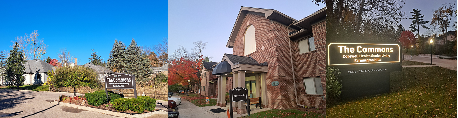 A collage of four photos showcasing The Commons Corewell Health Senior Living in Farmington Hills. The first image shows a landscaped entrance with a sign reading 'The Commons Corewell Health Senior Living – Farmington Hills' against a bright blue sky. The second image features a brick building with a peaked roof and a covered entryway. The third image displays an illuminated sign for The Commons at dusk, surrounded by trees with autumn foliage. The fourth image highlights the front facade of a two-story brick building with balconies and a central glass doorway during twilight.