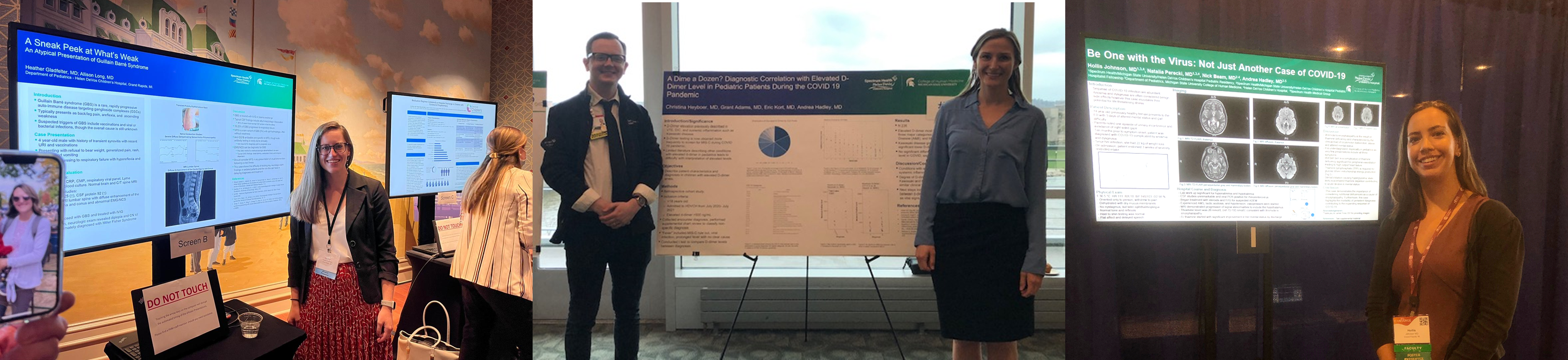 Three photos of pediatrics residents presenting their research at conferences.