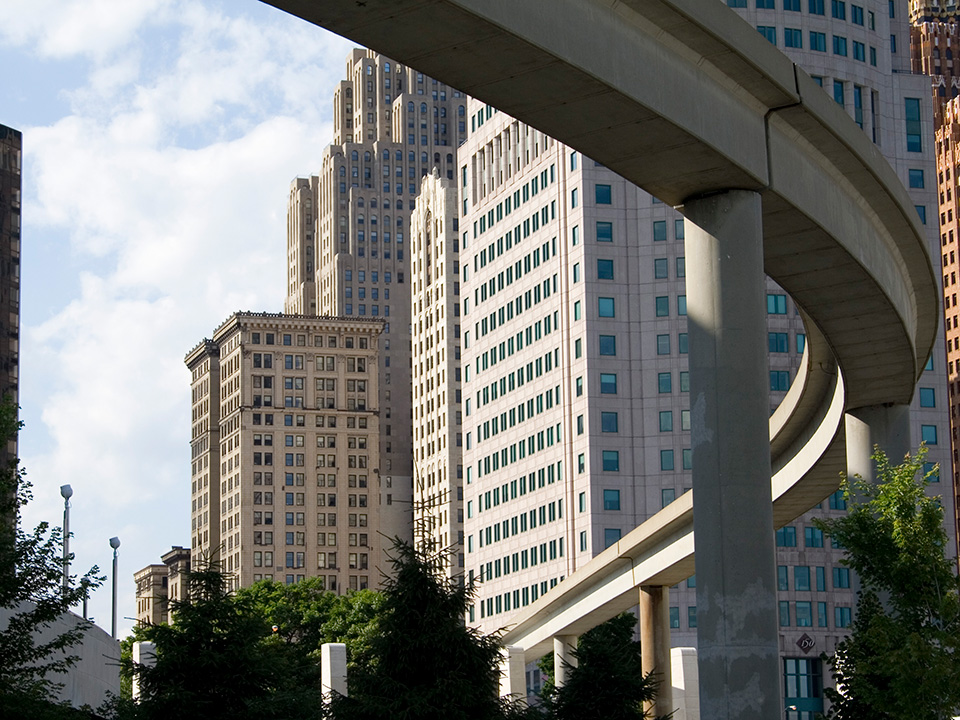 A photo of buildings taken in Detroit. 