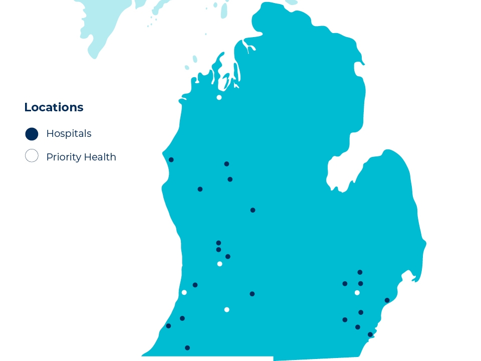 graphic of a map of Michigan show Corewell Health's different locations around the state