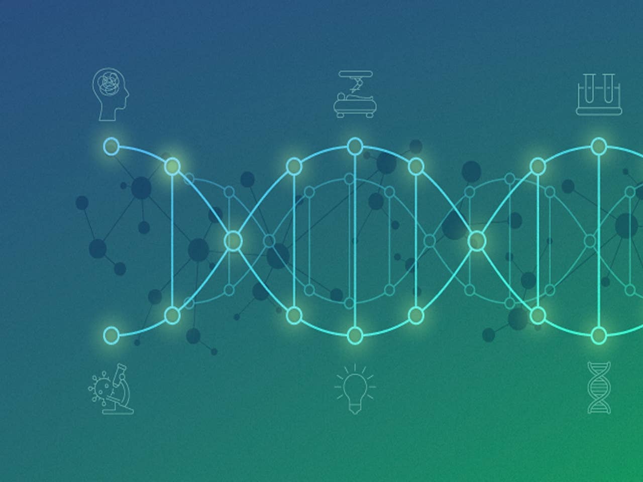DNA molecule displayed against a blue and green background, illustrating its double helix structure.