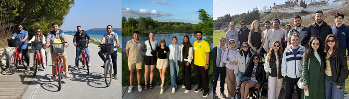 Collage of a group outing: people riding red bicycles, standing by a lakeside, and posing together at a historic site.