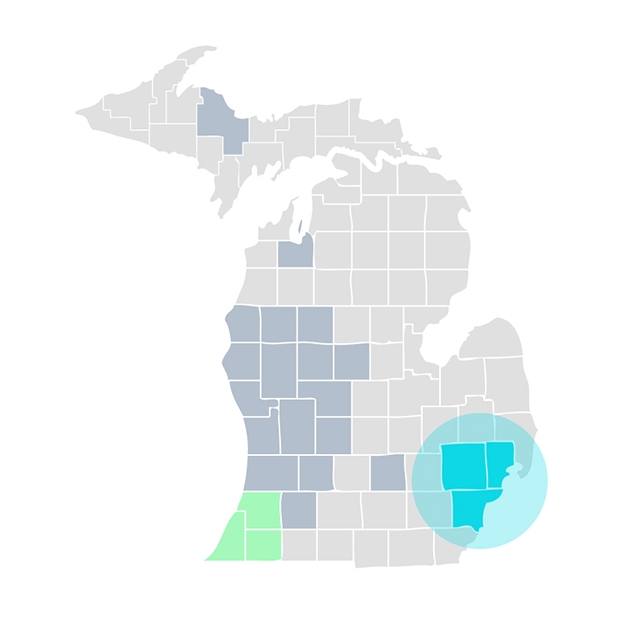 Map of Michigan highlighting Southeast portion of the state