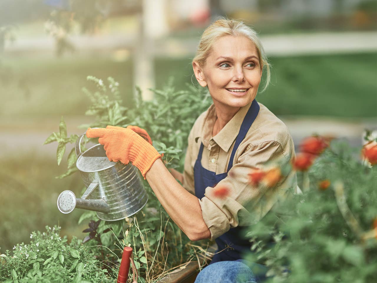 Older woman lifts a watering can inside a greenhouse