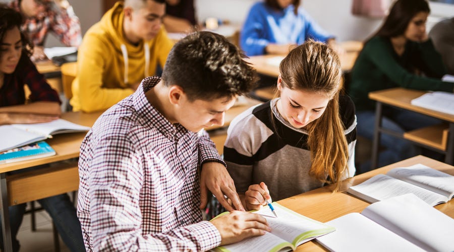 Jovem aprende conjugação de verbos em alemão com professor.