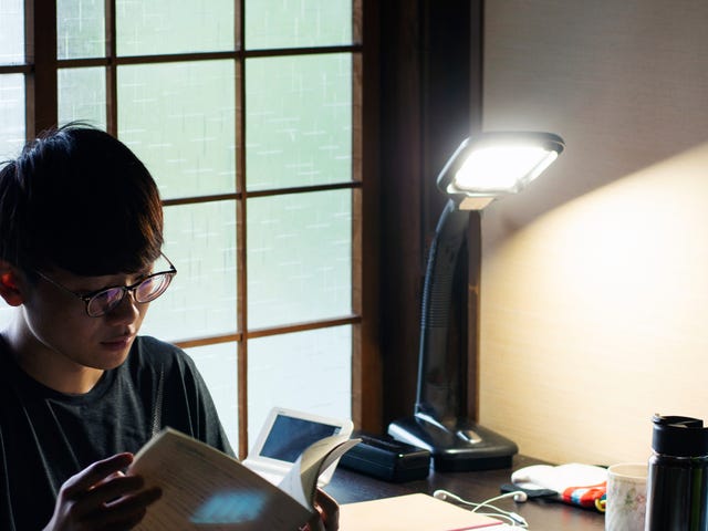 Menino asiático lendo um livro em sua escrivaninha.