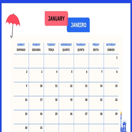 Material gratuito com calendário em inglês para aprender os dias da semana e meses do ano