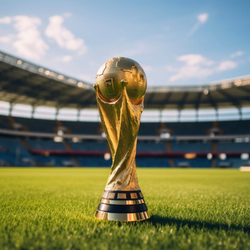 Taça de ouro da Copa do Mundo 2026 em um campo verde de futebol.