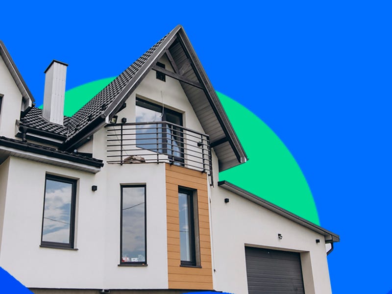 Maquete de uma fachada realista de um projeto de arquitetura com partes da casa em inglês.