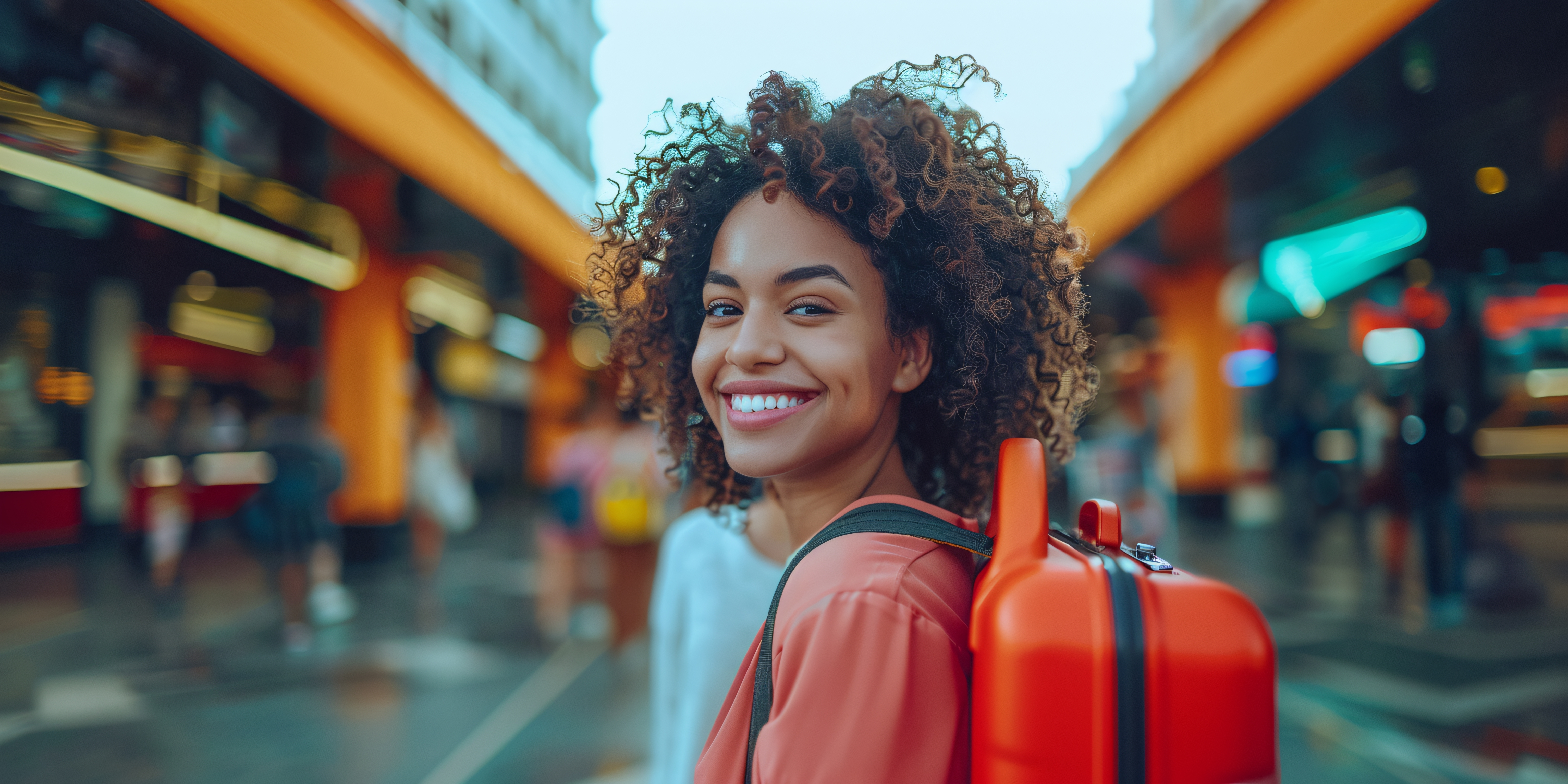 mulher com uma mochila chegando a  outro pais para acelera o aprendizado em inglês?