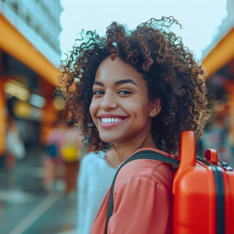 mulher com uma mochila chegando a outro pais para acelera o aprendizado em inglês?