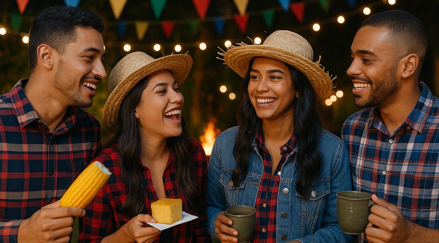 Amigos comemorando durante uma festa junina com comidas típicas como milho e bolo de milho.