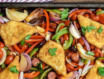 Basque-Style Breaded Haddock Fillets With Bell Peppers, Chorizo And Olives