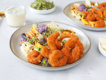 Crunchy Buffalo Shrimp + Grilled Cauliflower-Apple Salad
