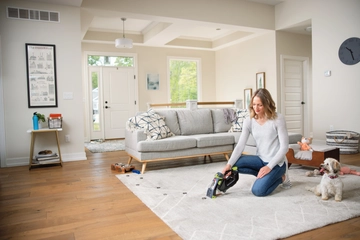 Using Pet Stain Eraser Plus to deep clean muddy paw prints off area rug.