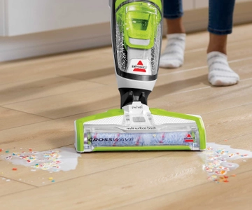 CrossWave Turbo Hard Floor and Area Rug Wet Dry Vac Cleaning spilled milk and cereal from hard flooring.