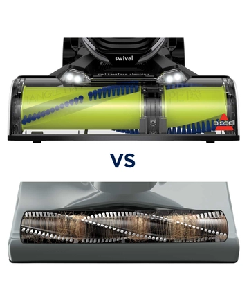 Pet Hair Eraser Turbo Rewind Vacuum Brush Roll vs. Competitor Brush Roll with Hair Wrap.