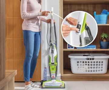Pushing Self-Cleaning Button on Handle Of CrossWave Turbo Hard Floor and Area Rug Wet Dry Vac