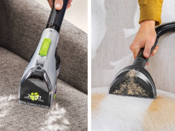 Using 2-in-1 Pet Upholstery Tool and 6” Tough Stain Tool to clean furniture.