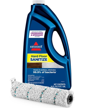 Bottle of Hard Floor Sanitize Formula paired with Multi-Surface Brush Roll.