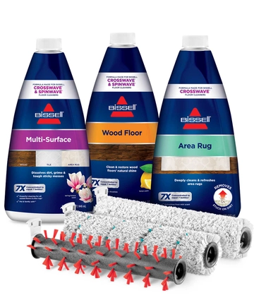 Multi-Surface, Wood Floor, and Area Rug Formula bottles with Area Rug Brush Roll, Multi-Surface Brush Roll, and Wood Floor Brush Roll