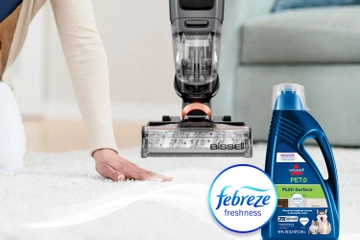 Running hand across dry carpet with bottle of Pet Multi-Surface with Febreze formula bottle and Febreze Logo