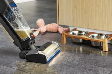 Using CrossWave to mop and clean area around dog food bowls.