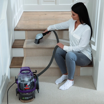 Using SpotClean Pet Pro Carpet Cleaner with tool to deep clean stairs. 