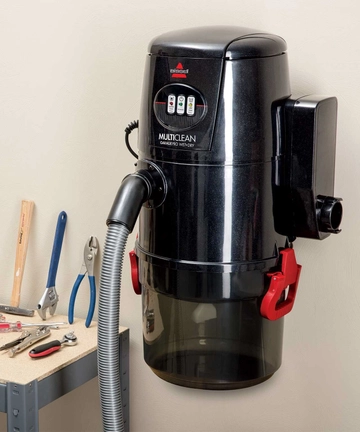 Garage Pro Wet Dry Vac hanging on wall.