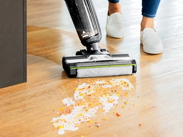 CrossWave HF3 Wet Dry Vac mopping spilled milk and cereal from hard flooring